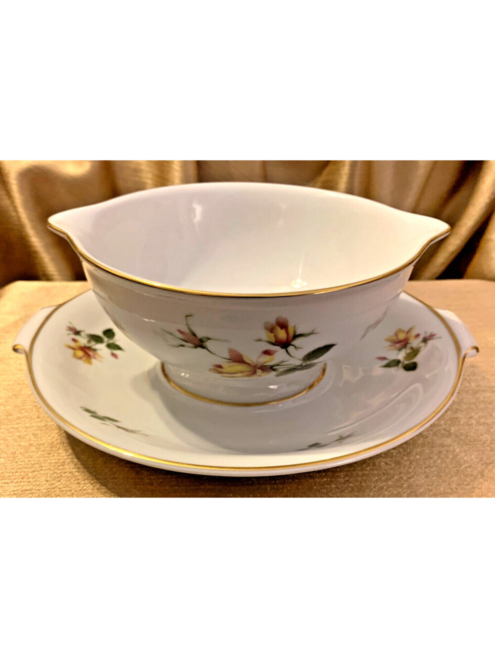 VTG 50s Rosenthal Gold-Gilded Gravy Bowl & Attached Underplate AIDA Rose Germany
